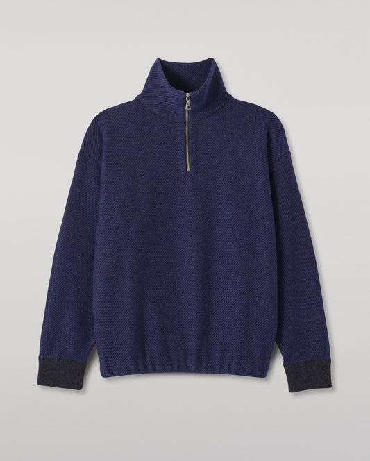 JOHNSTONS OF ELGIN REEL ZIP SWEATER CASHMERE TWILL STITCH ZIP NECK SWEATER - 2 PLY GREY & BLUE 100% CASHMERE KAP06030Q26336