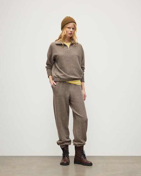 JOHNSTONS OF ELGIN REEL ZIP SWEATER CASHMERE TWILL STITCH ZIP NECK SWEATER - 2 PLY BROWN 100% CASHMERE WORN WITH MATCHING REEL TROUSERS AND LOVAT CASHMERE BEANIE IN LGIE GREEN  KAP06030Q26338
