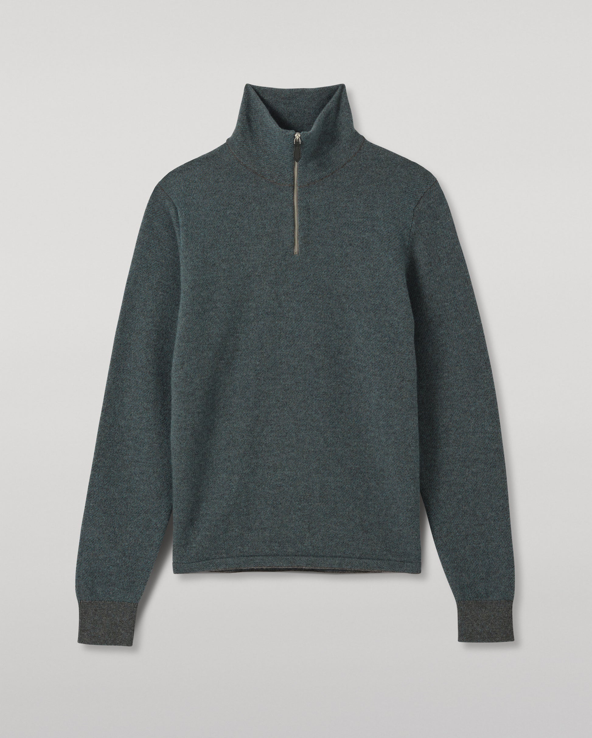 JOHNSTONS OF ELGIN TWEEL HALF ZIP SWEATER CASHMERE ZIP NECK TWILL STITCH SWEATER - 2 PLY GREY & GREEN 100% CASHMERE KAP06137Q26308