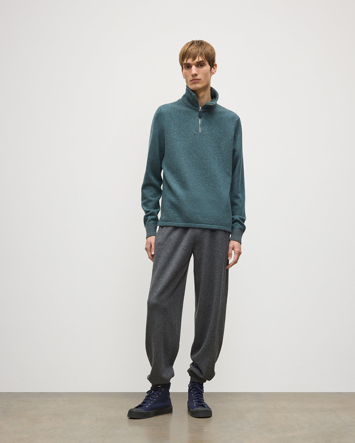 JOHNSTONS OF ELGIN TWEEL HALF ZIP SWEATER CASHMERE ZIP NECK TWILL STITCH SWEATER - 2 PLY GREY & GREEN 100% CASHMERE KAP06137Q26308