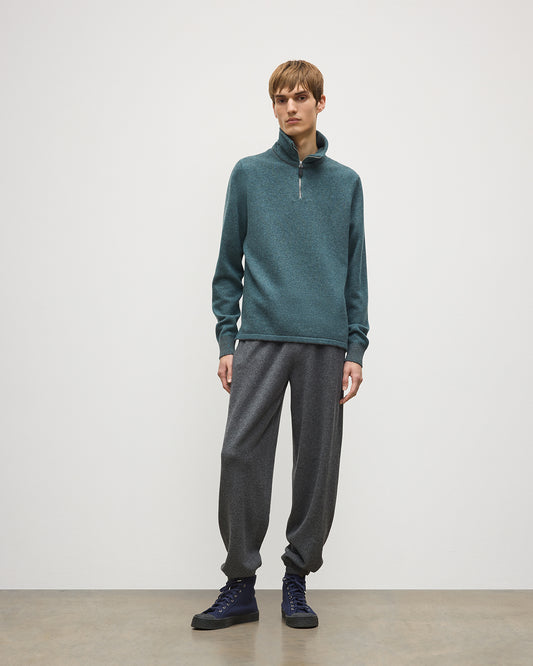 JOHNSTONS OF ELGIN TWEEL HALF ZIP SWEATER CASHMERE ZIP NECK TWILL STITCH SWEATER - 2 PLY GREY & GREEN 100% CASHMERE KAP06137Q26308