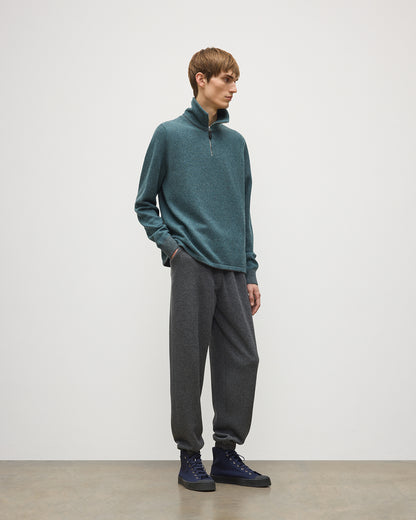 JOHNSTONS OF ELGIN TWEEL HALF ZIP SWEATER CASHMERE ZIP NECK TWILL STITCH SWEATER - 2 PLY GREY & GREEN 100% CASHMERE KAP06137Q26308