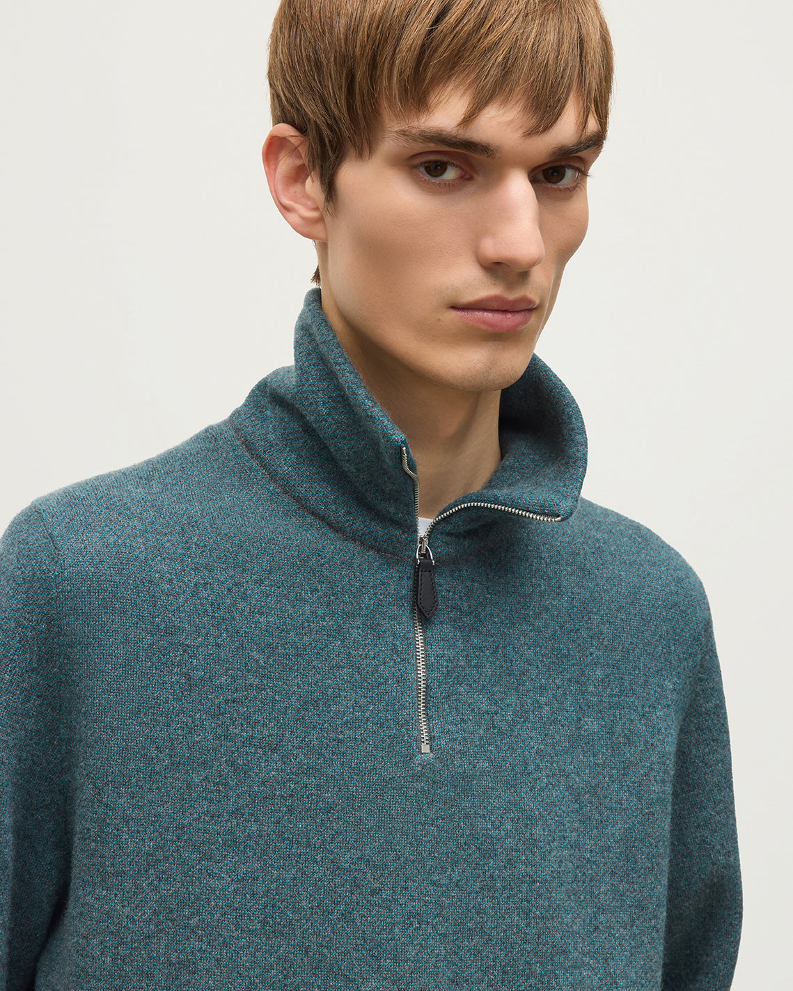 JOHNSTONS OF ELGIN TWEEL HALF ZIP SWEATER CASHMERE ZIP NECK TWILL STITCH SWEATER - 2 PLY GREY & GREEN 100% CASHMERE KAP06137Q26308