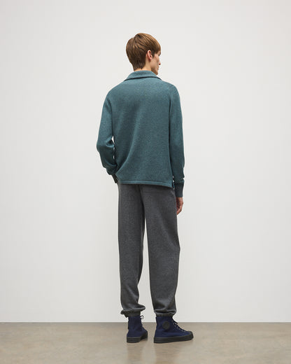 JOHNSTONS OF ELGIN TWEEL HALF ZIP SWEATER CASHMERE ZIP NECK TWILL STITCH SWEATER - 2 PLY GREY & GREEN 100% CASHMERE KAP06137Q26308