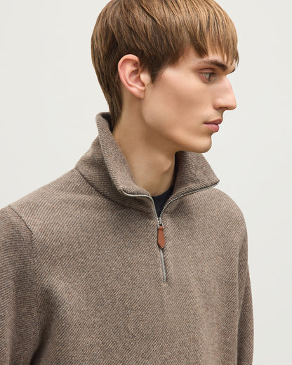 JOHNSTONS OF ELGIN TWEEL HALF ZIP SWEATER CASHMERE ZIP NECK TWILL STITCH SWEATER - 2 PLY BROWN 100% CASHMERE KAP06137Q26311