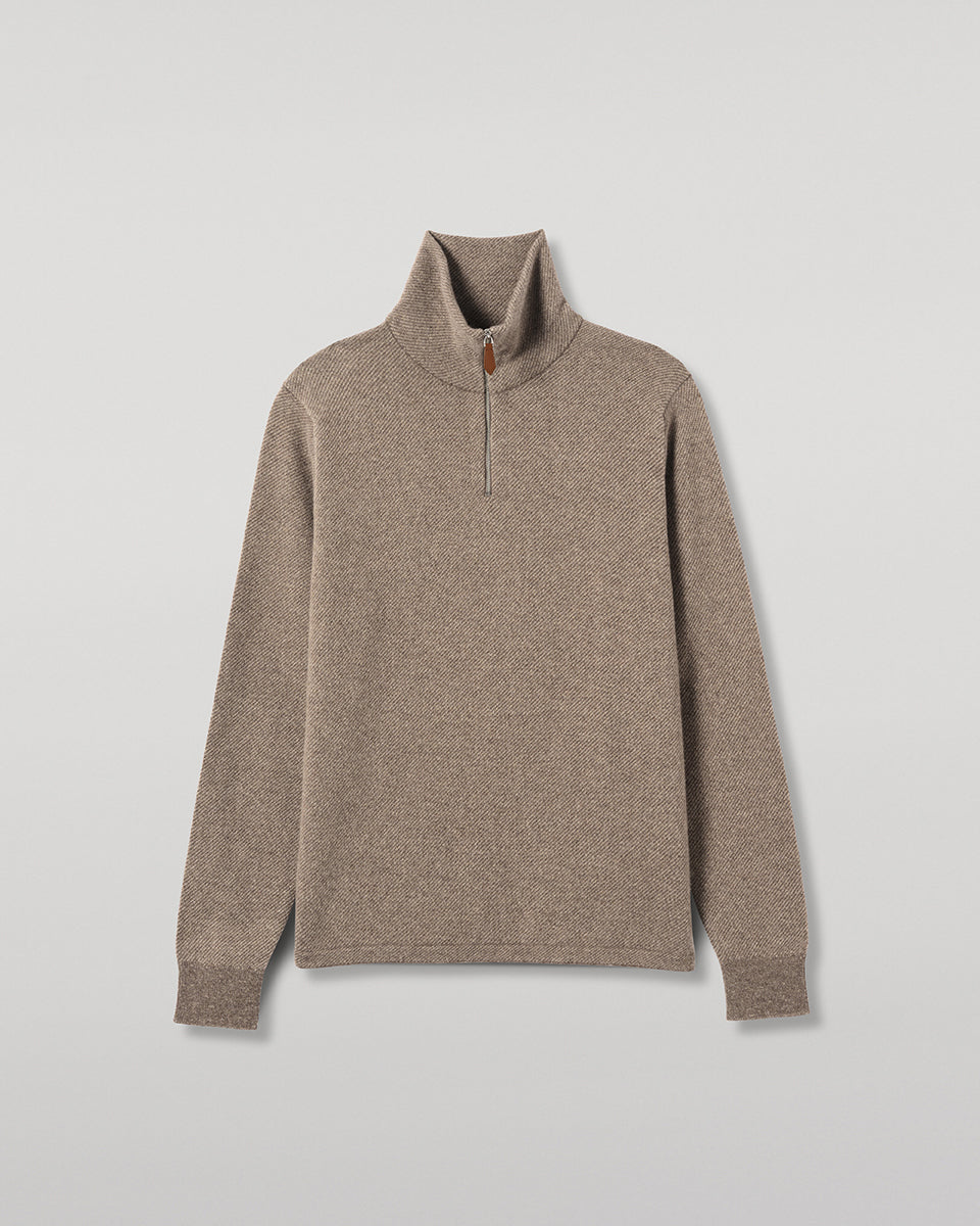 JOHNSTONS OF ELGIN TWEEL HALF ZIP SWEATER CASHMERE ZIP NECK TWILL STITCH SWEATER - 2 PLY BROWN 100% CASHMERE KAP06137Q26311