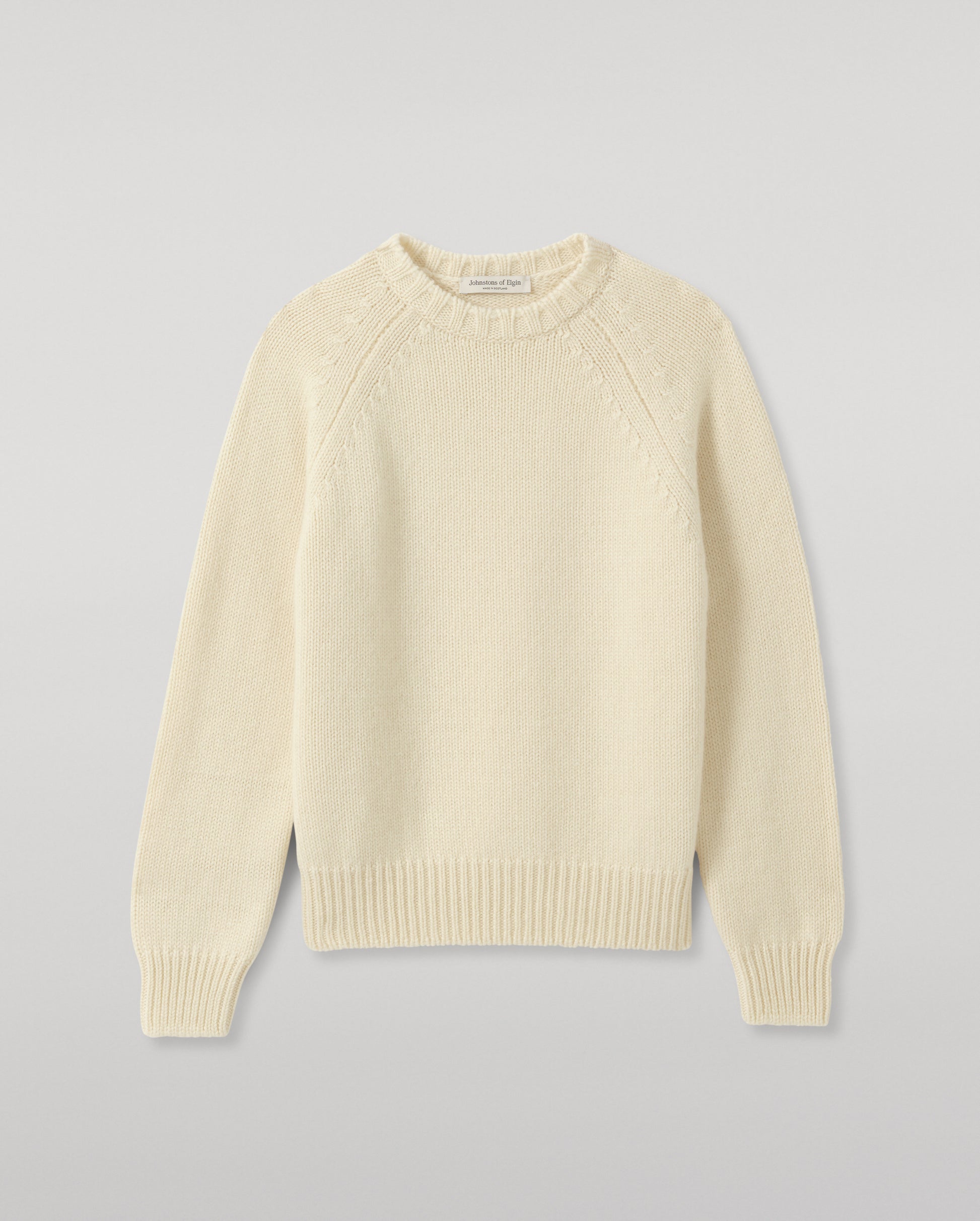 JOHNSTONS OF ELGIN BAY CREW SWEATER MARBLED CASHMERE RAGLAN ROUND NECK SWEATER WHITE 78% CASHMERE, 22% COTTON KBB01068SA0663