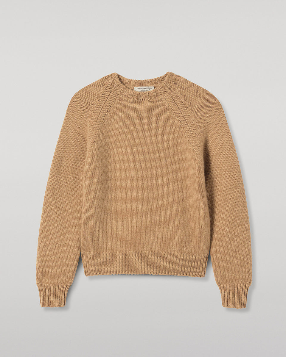 JOHNSTONS OF ELGIN BAY CREW SWEATER MARBLED CASHMERE RAGLAN ROUND NECK SWEATER CAMEL 78% CASHMERE, 22% COTTON  KBB01068SB4708