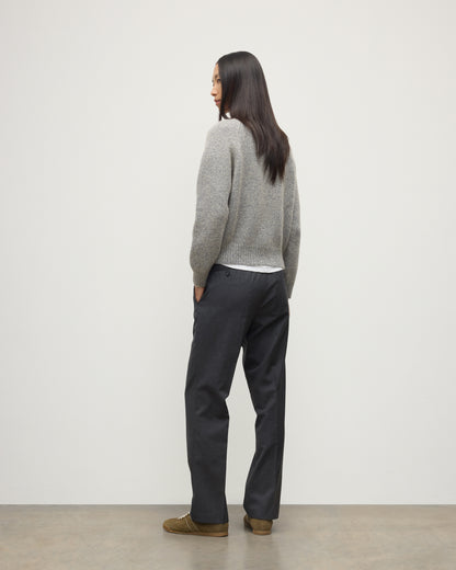 MODEL WEARS JOHNSTONS OF ELGIN WOMENS BAY CREW SWEATER BLUE 78% CASHMERE 22% COTTON WITH JEANS  KBB01068HD4499