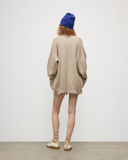 JOHNSTONS OF ELGIN WOMENS BAY SLOUCH CARDIGAN NATURAL 78% CASHMERE 22% COTTON WITH COVE CSAHMERE SHORTS, GREER MERINO VEST, AND BRAEMAR CASHMERE BEANIE IN RONAY BLUE KBB01069HB4453