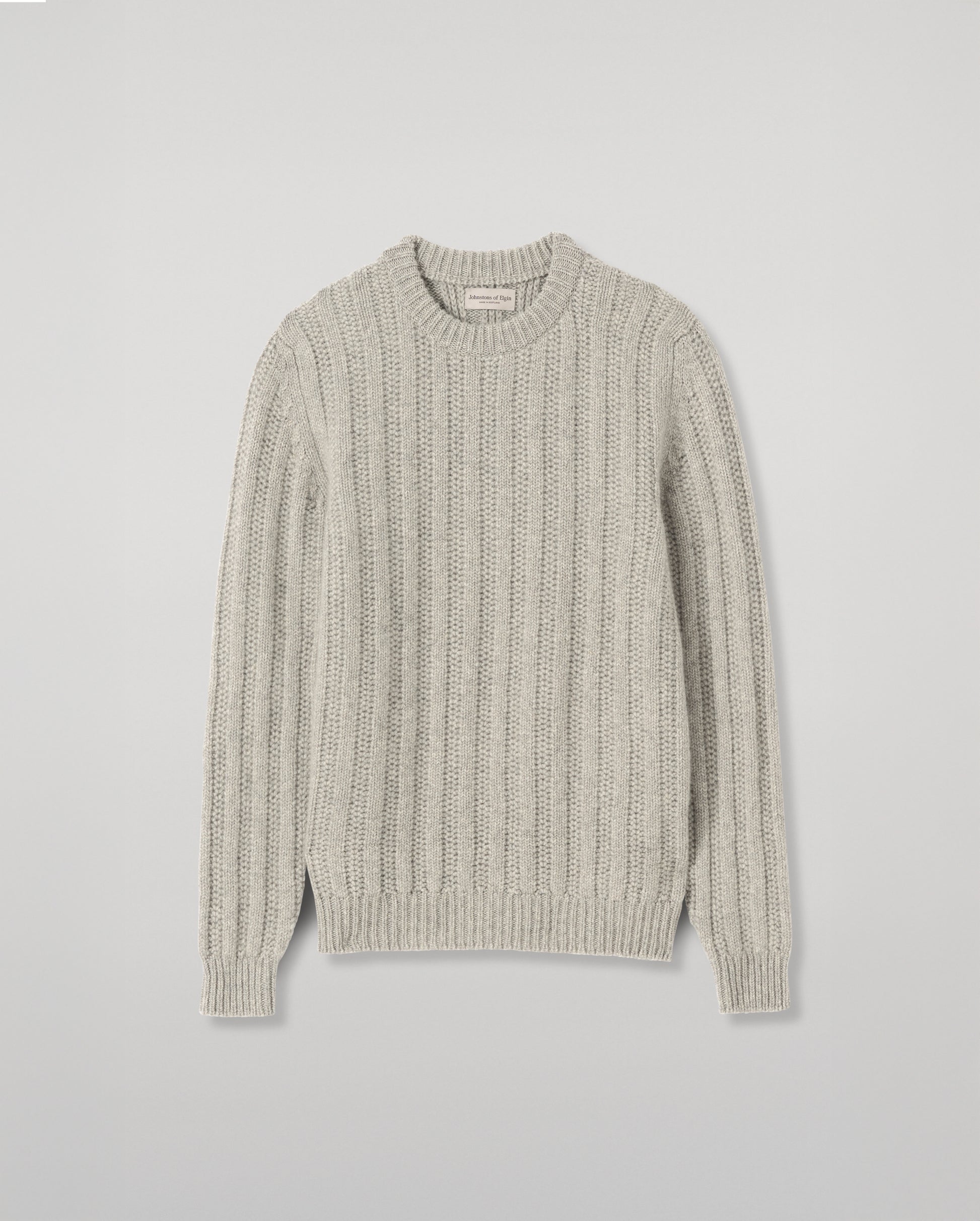 JOHNSTONS OF ELGIN DONACHIE CREW SWEATER MARBLED CASHMERE TEXTURED RIBBED CREW NECK SWEATER GREY 78% CASHMERE, 22% COTTON KBB01109HA4273