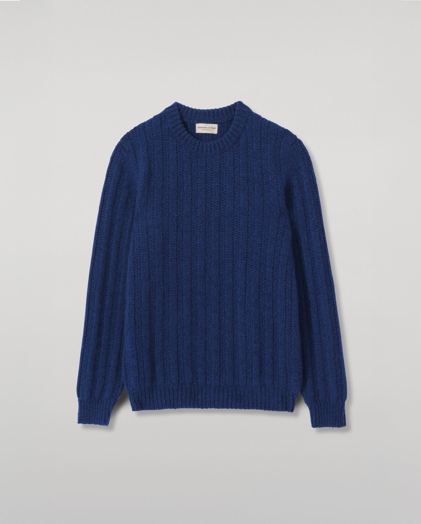 JOHNSTONS OF ELGIN DONACHIE CREW SWEATER MARBLED CASHMERE TEXTURED RIBBED CREW NECK SWEATER DARK BLUE 78% CASHMERE, 22% COTTON KBB01109HD7361