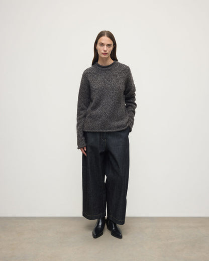 Model wears Johnstons of Elgin AW25 Women's Knitwear Charcoal Brushed Cashmere-Silk Grey Jumper Front View KBC01031HA7198