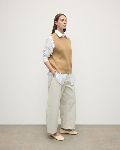 model wearing Johnstons of Elgin AW25 Women's Knitwear Camel Sleeveless Camel Cashmere Tank Top Side KBI01037HB4404