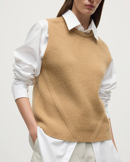 model wearing Johnstons of Elgin AW25 Women's Knitwear Camel Sleeveless Camel Cashmere Tank Top details KBI01037HB4404