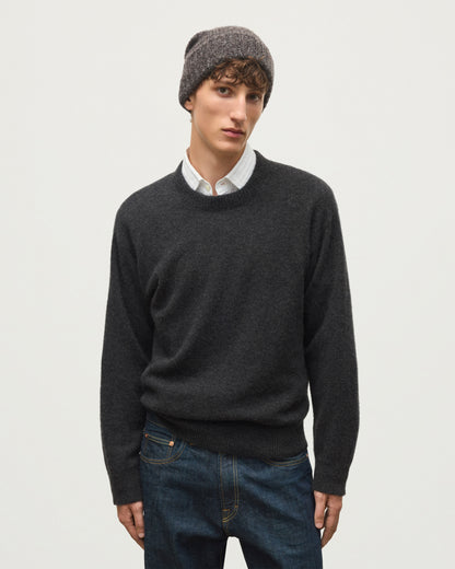 JOHNSTONS OF ELGIN PAXTON CREW SWEATER BRUSHED CASHMERE SILK CREW NECK SWEATER DARK GREY 74% CASHMERE, 26% SILK KBP01082HA7232