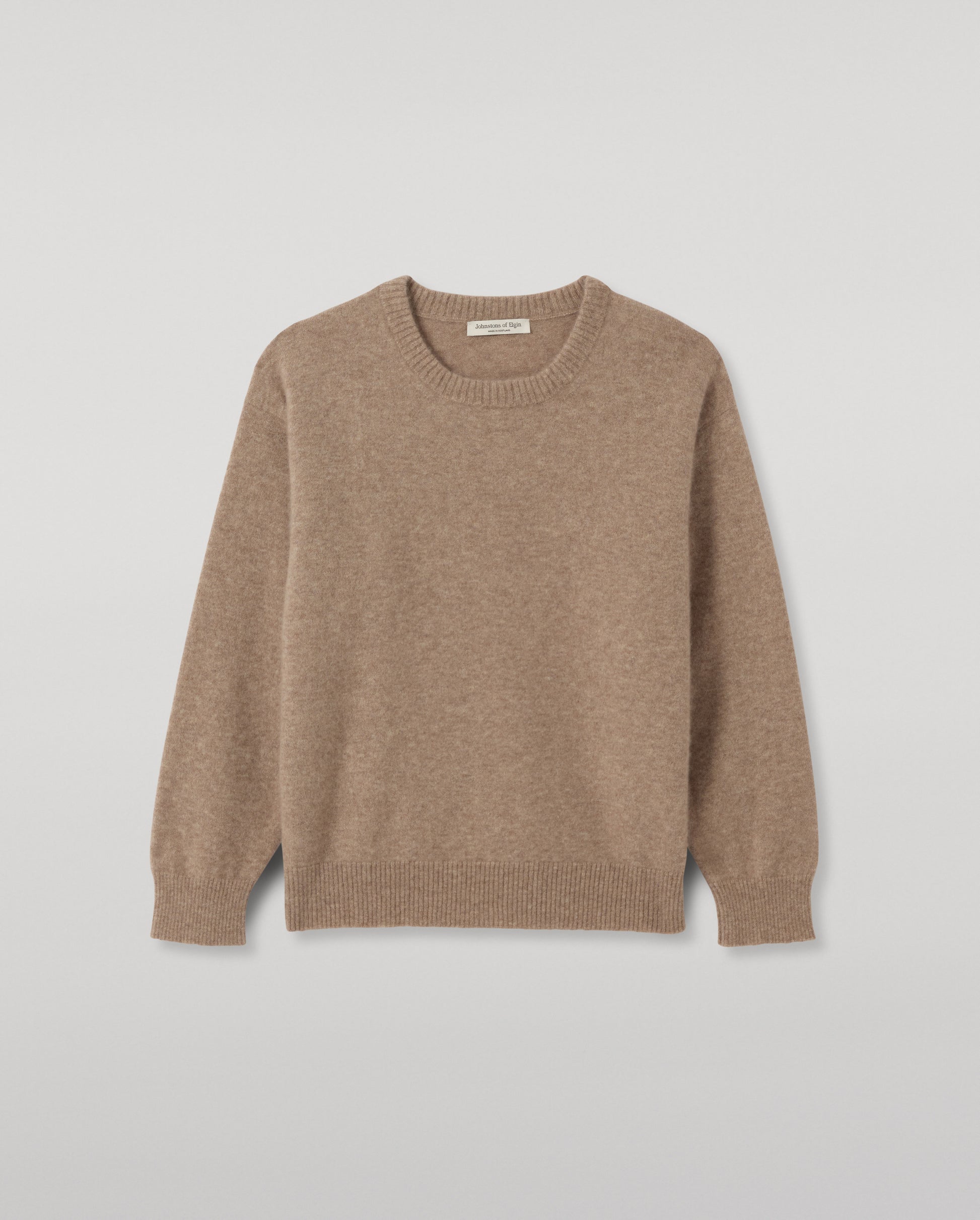 JOHNSTONS OF ELGIN BOYCE CREW SWEATER BRUSHED CASHMERE SILK ROUND NECK SWEATER BROWN 74% CASHMERE, 26% SILK KBP01127HB0293
