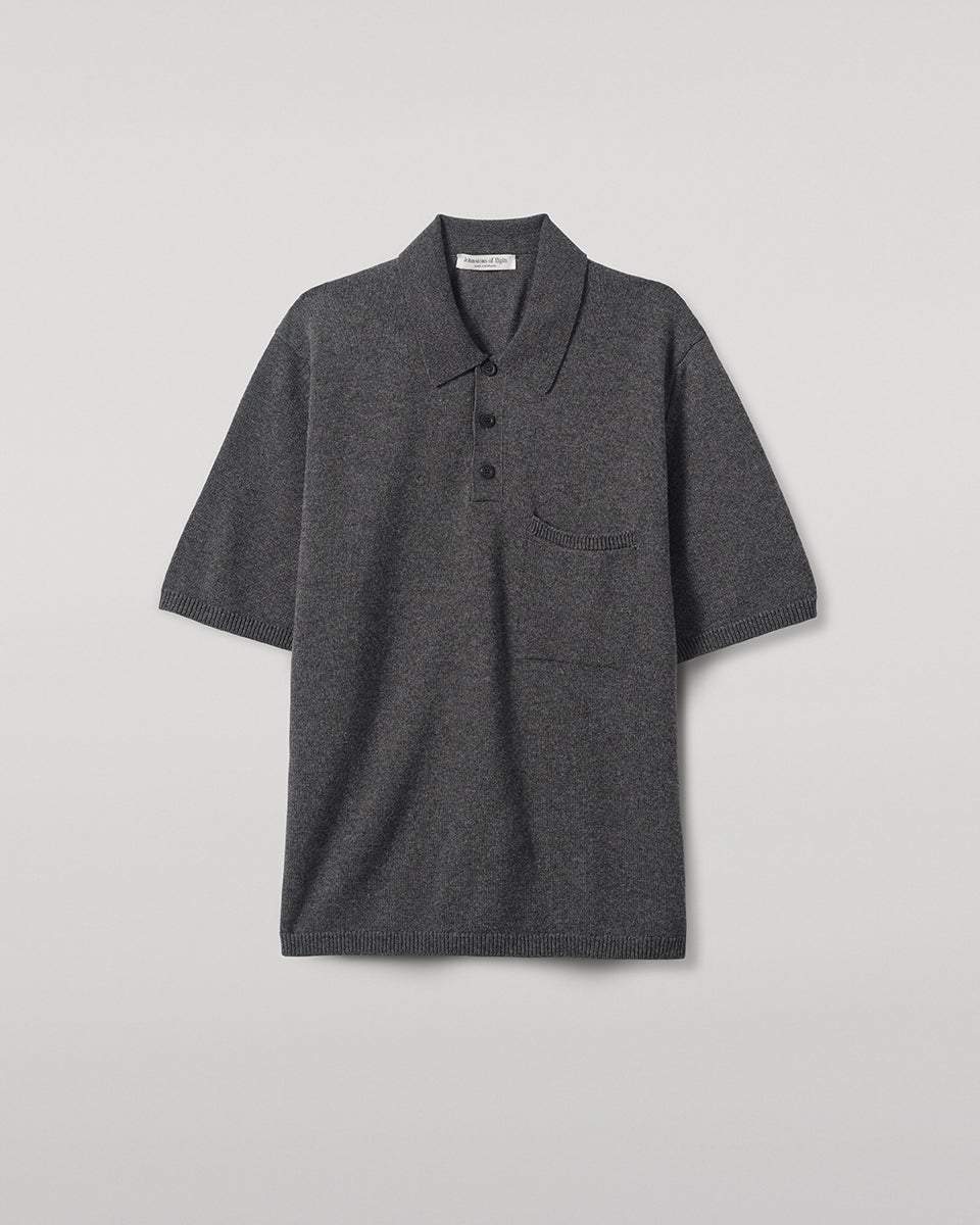Johnstons of Elgin AW25 Men's Knitwear Charcoal Superfine Merino Relaxed Grey Polo Shirt KDA00771HA7204