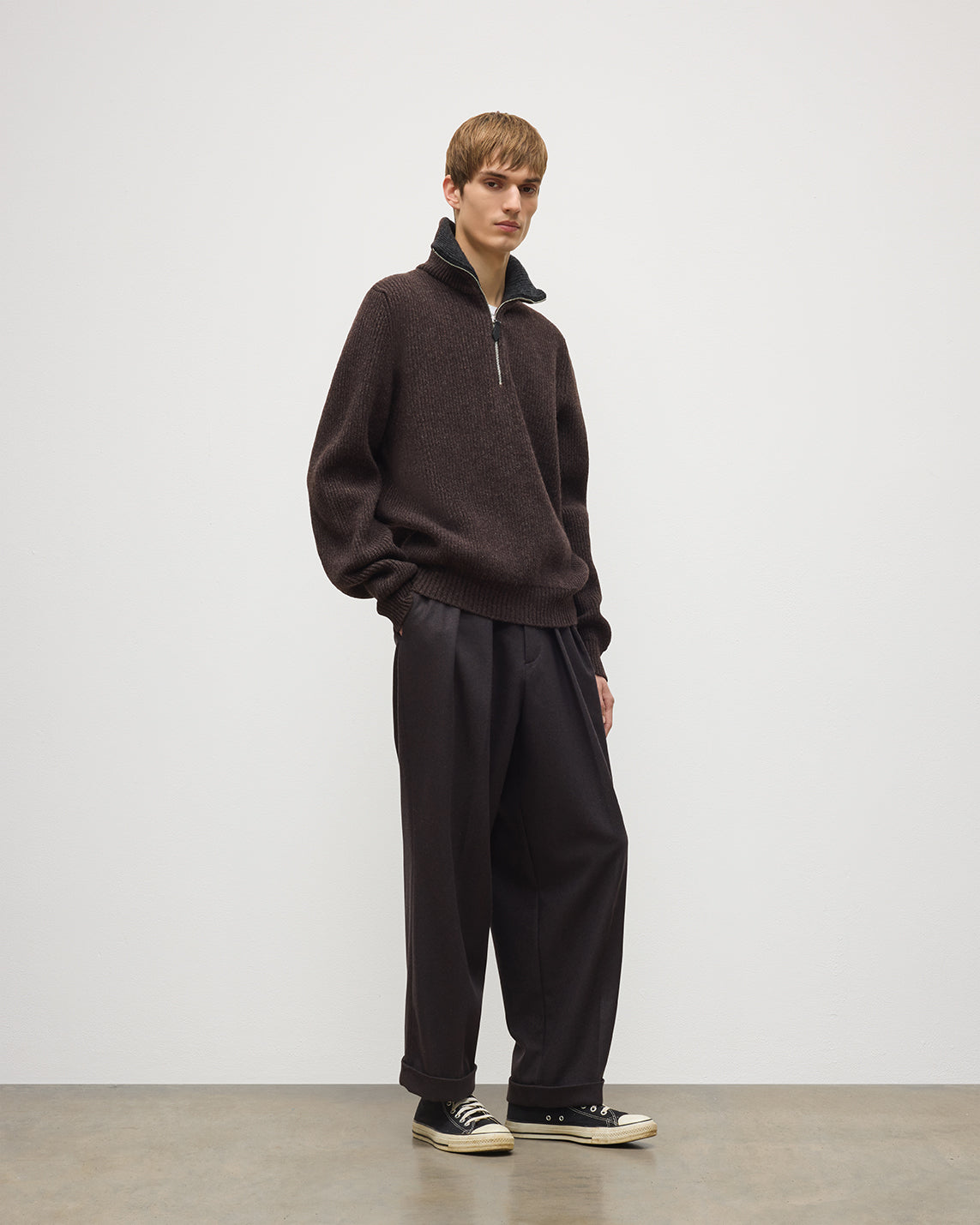 JOHNSTONS OF ELGIN CHALMERS HALF ZIP SWEATER LAMBSWOOL RIBBED HALF ZIP SWEATER BROWN & DARK GREY 100% LAMBSWOOL KDA00819Q26332