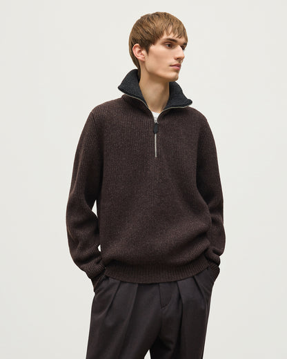 JOHNSTONS OF ELGIN CHALMERS HALF ZIP SWEATER LAMBSWOOL RIBBED HALF ZIP SWEATER BROWN & DARK GREY 100% LAMBSWOOL KDA00819Q26332