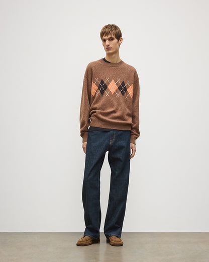 JOHNSTONS OF ELGIN RUSKY CREW SWEATER LAMBSWOOL ARGYLE CREW NECK SWEATER BROWN 100% LAMBSWOOL KDA00822JU1646
