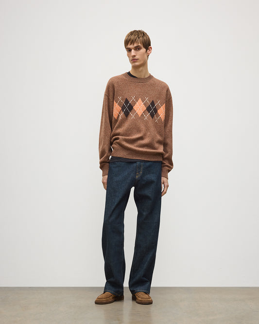 JOHNSTONS OF ELGIN RUSKY CREW SWEATER LAMBSWOOL ARGYLE CREW NECK SWEATER BROWN 100% LAMBSWOOL KDA00822JU1646