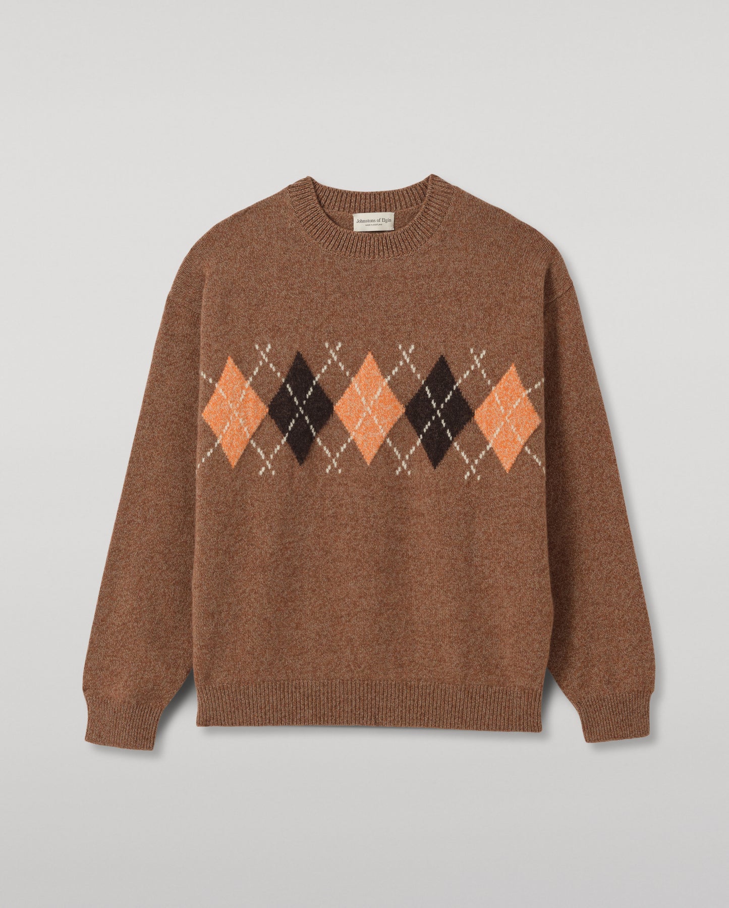JOHNSTONS OF ELGIN RUSKY CREW SWEATER LAMBSWOOL ARGYLE CREW NECK SWEATER BROWN 100% LAMBSWOOL KDA00822JU1646