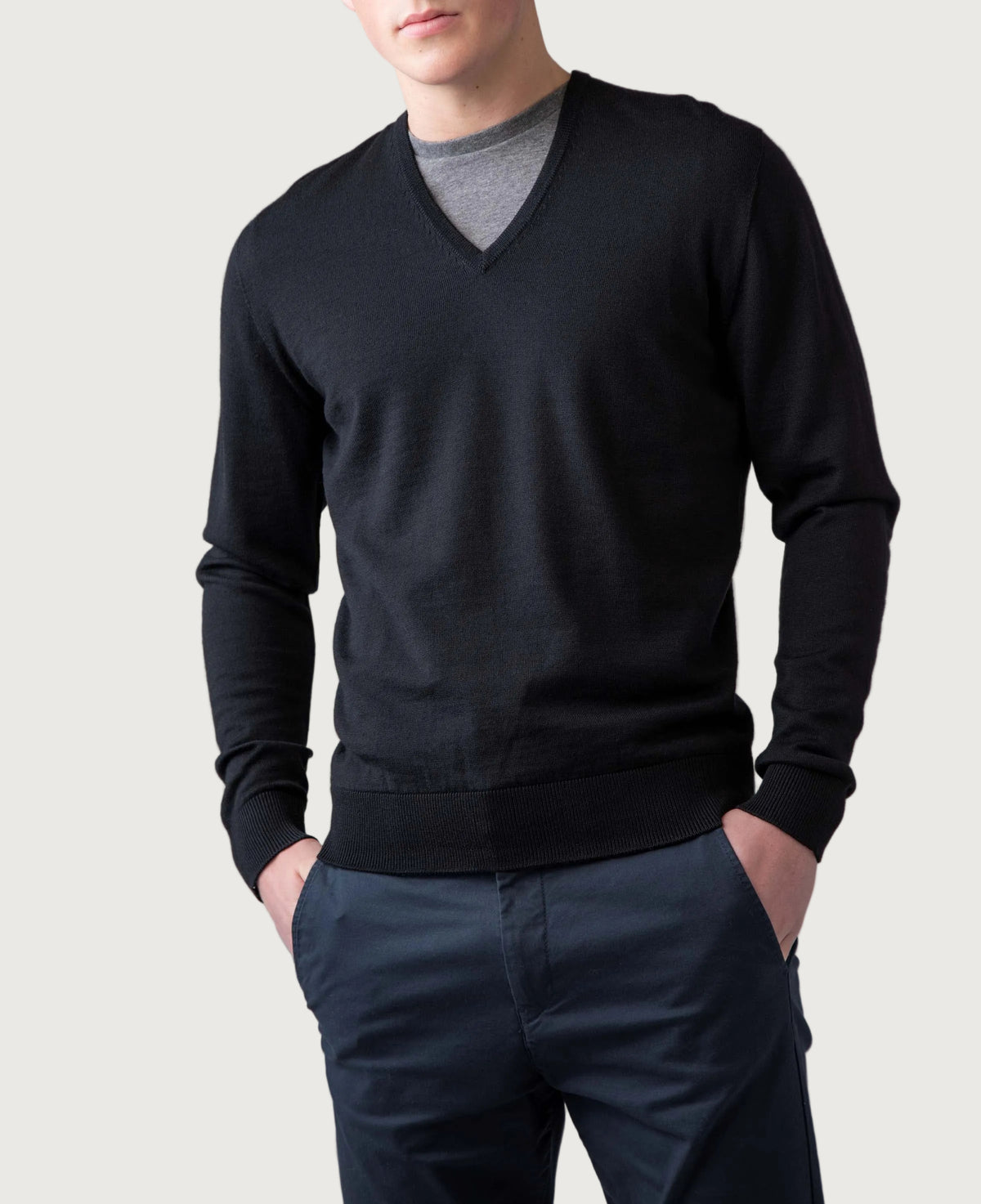 Black Merino V Neck Jumper
