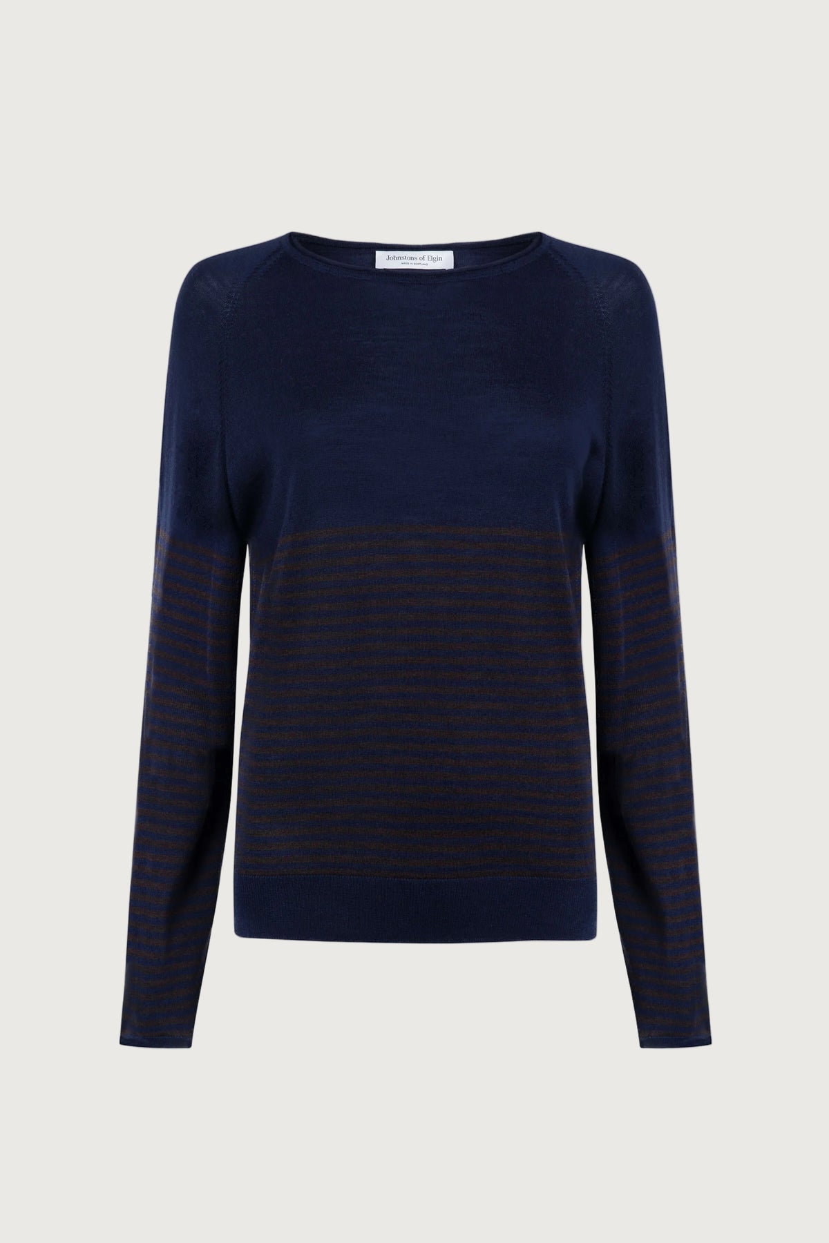 Johnstons of Elgin SS24 Women's Knitwear Dark Navy & Peat Superfine Merino Bateau Stripe Sweater KDI00710Q23958