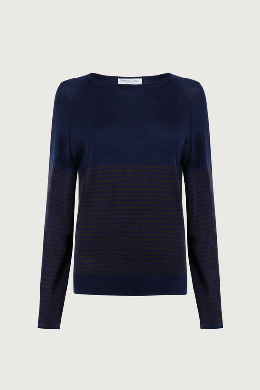Johnstons of Elgin SS24 Women's Knitwear Dark Navy & Peat Superfine Merino Bateau Stripe Sweater KDI00710Q23958