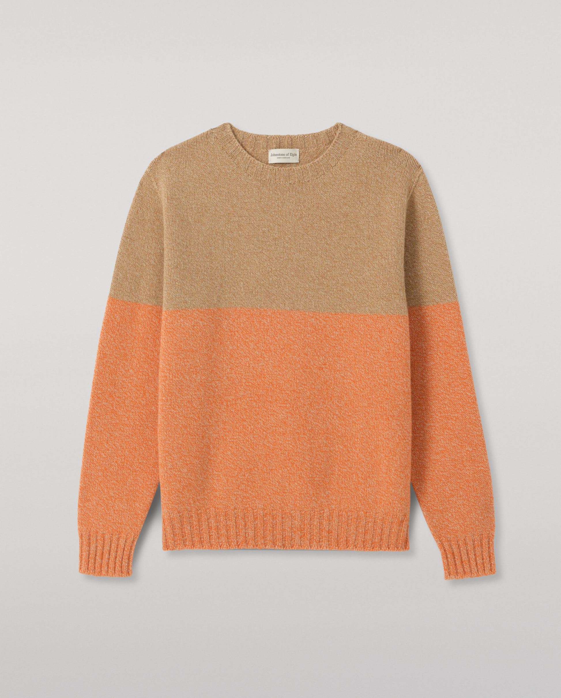 JOHNSTONS OF ELGIN OGILVIE CREW SWEATER LAMBSWOOL COLOURBLOCK CREW NECK SWEATER ORANGE & BROWN 100% LAMBSWOOL KDI00816Q26347