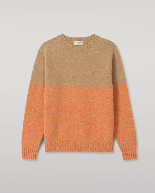 JOHNSTONS OF ELGIN OGILVIE CREW SWEATER LAMBSWOOL COLOURBLOCK CREW NECK SWEATER ORANGE & BROWN 100% LAMBSWOOL KDI00816Q26347