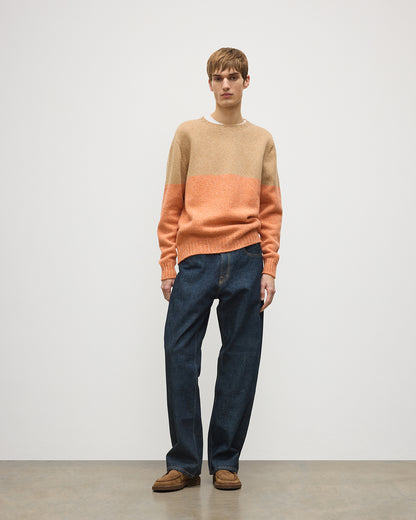 JOHNSTONS OF ELGIN OGILVIE CREW SWEATER LAMBSWOOL COLOURBLOCK CREW NECK SWEATER ORANGE & BROWN 100% LAMBSWOOL KDI00816Q26347