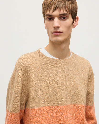 JOHNSTONS OF ELGIN OGILVIE CREW SWEATER LAMBSWOOL COLOURBLOCK CREW NECK SWEATER ORANGE & BROWN 100% LAMBSWOOL KDI00816Q26347