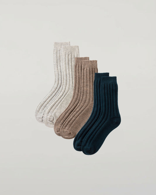 Johnstons of Elgin set of three pairs of cashmere socks in grey, beige, and green on a light grey background 2025GIFTSET4B
