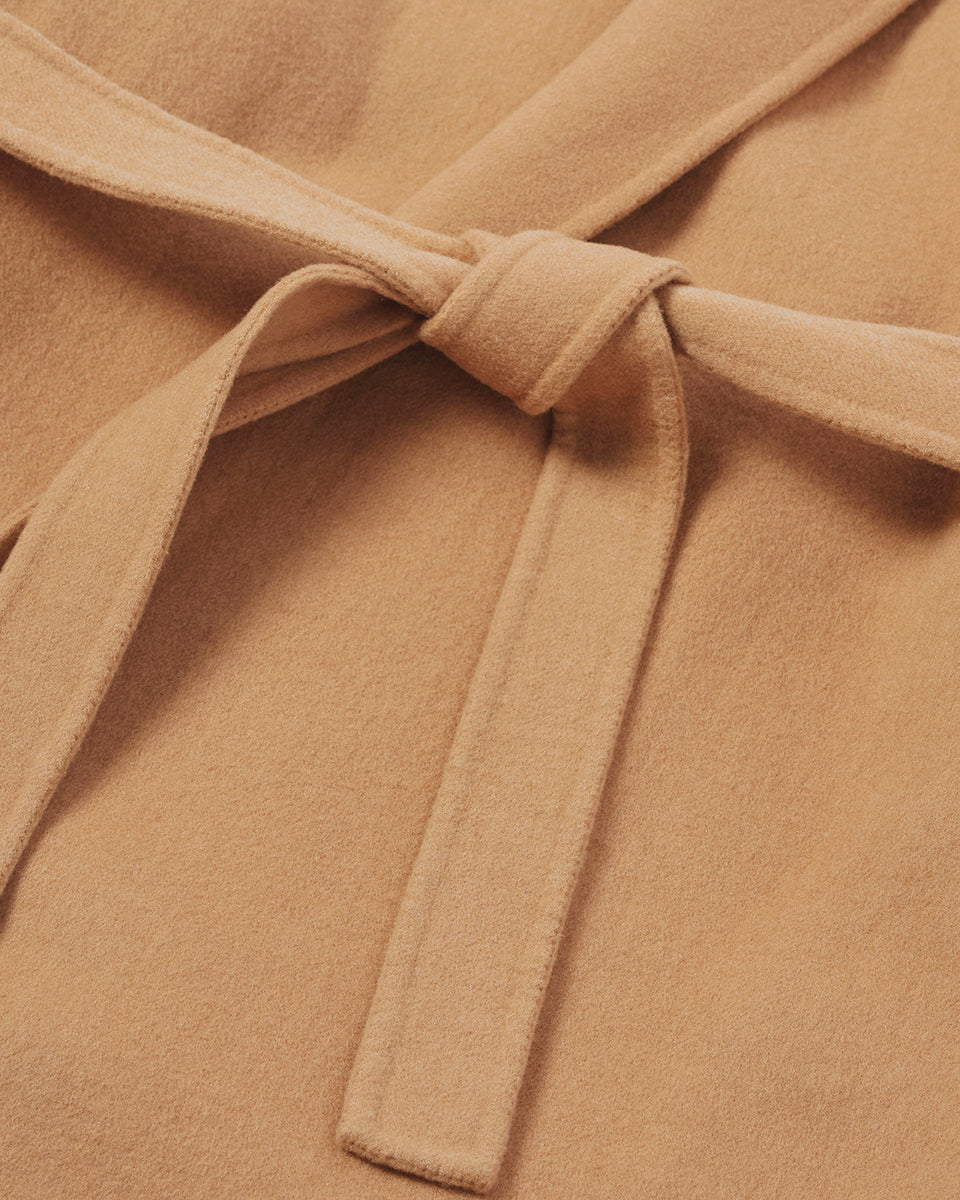 Model wears Johnstons of Elgin Women's Tailoring Camel Camel Cashmere Wrap Coat Front View  TA000621RU7397