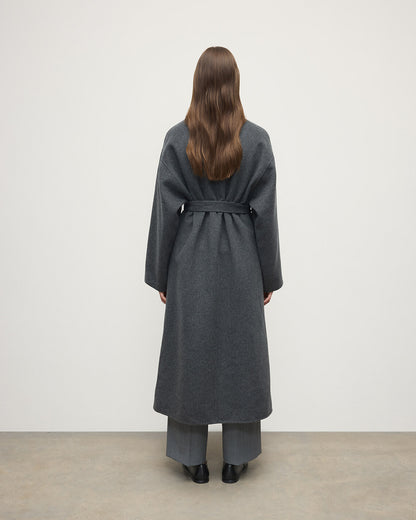 Model wears Johnstons of Elgin Women's Tailoring Mid Grey Grey Cashmere Wrap Coat Front View TA000621RU7292