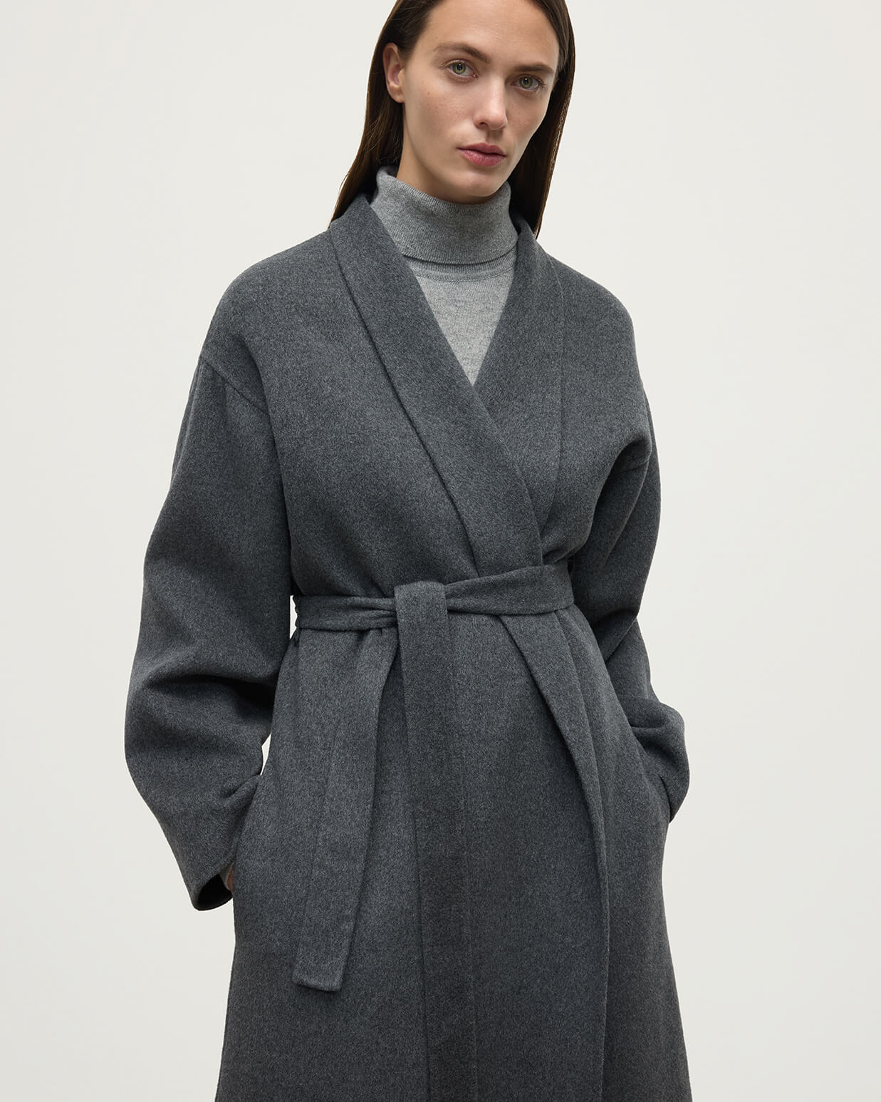 Model wears Johnstons of Elgin Women's Tailoring Mid Grey Grey Cashmere Wrap Coat Front View TA000621RU7292