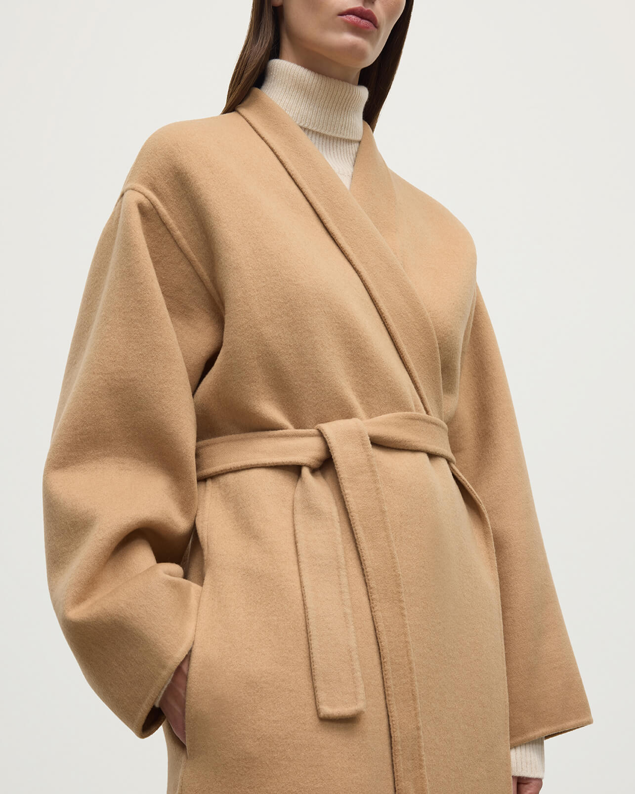 Model wears Johnstons of Elgin Women's Tailoring Camel Camel Cashmere Wrap Coat Front View  TA000621RU7397
