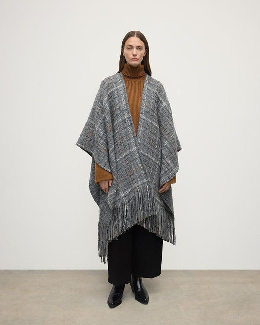 model wearing Johnstons of Elgin AW25 Woven Accessories  Grey Texture Cape Front  TB000748RU7663ONE