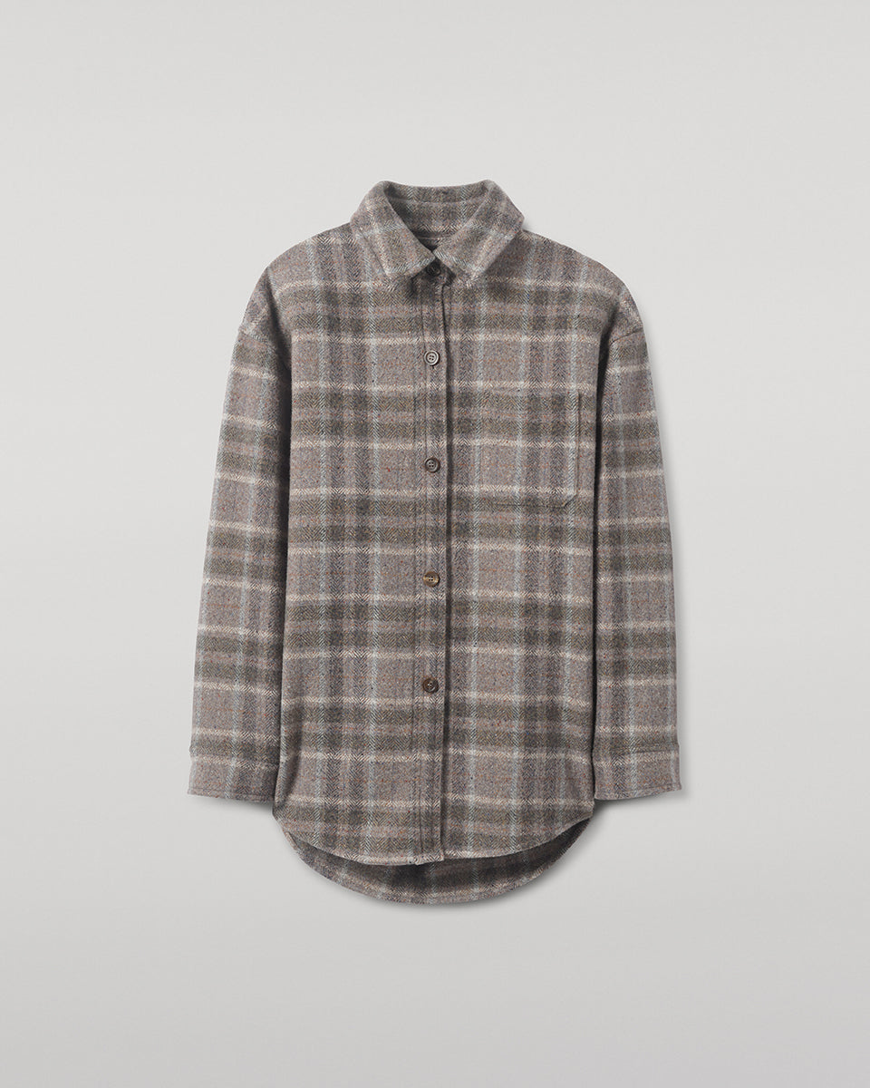 Model wears Johnstons of Elgin  Women's Tailoring Slate Tweed Check Slate Tweed Check Oversized Shirt Front View TB000754RU7676