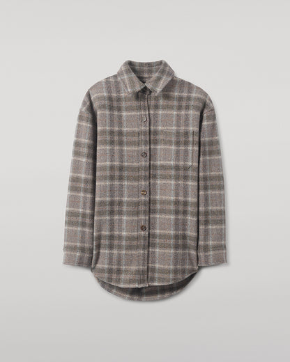 Model wears Johnstons of Elgin  Women's Tailoring Slate Tweed Check Slate Tweed Check Oversized Shirt Front View TB000754RU7676