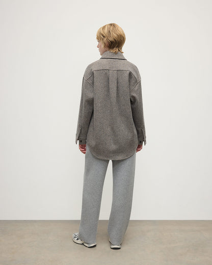Model wearing Johnstons of Elgin  Women's Tailoring Ash Small Glen Urquhart Glen Urquhart Check Oversized Shirt back View TB000754RU7675