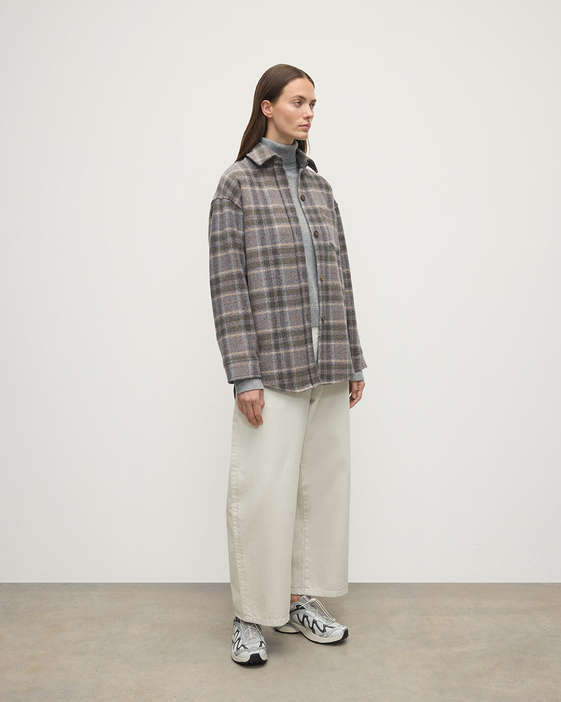 Model wears Johnstons of Elgin  Women's Tailoring Slate Tweed Check Slate Tweed Check Oversized Shirt Front View TB000754RU7676