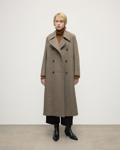 Model wears Johnstons of Elgin  Women's Tailoring Partridge Tweed Herringbone The Great Coat in Brown Front View TD000438RU7671