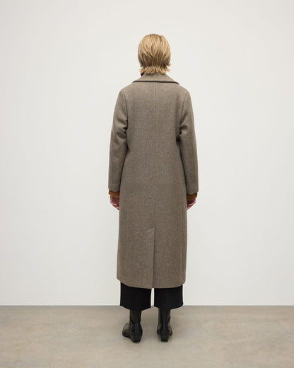 Model wears Johnstons of Elgin  Women's Tailoring Partridge Tweed Herringbone The Great Coat in Brown Front View TD000438RU7671