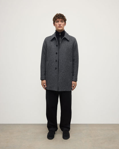 model wearing Johnstons of Elgin AW25 Men's Tailoring Grey Modern Twill Wool Grey Car Coat Front TD000473RU7679