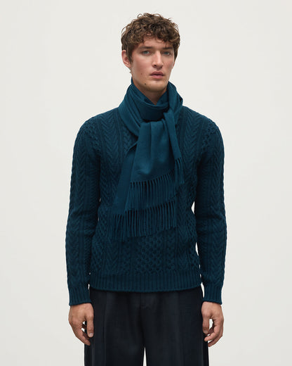 Model wears Johnstons of Elgin  Woven Accessories Bottle Green Bottle Wide Cashmere Scarf WA000057SC7319ONE