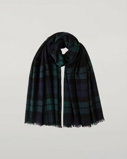 Johnstons of Elgin Lightweight Tartan Cashmere Stole in Black Watch on a white background WA001174KU0317N/A
