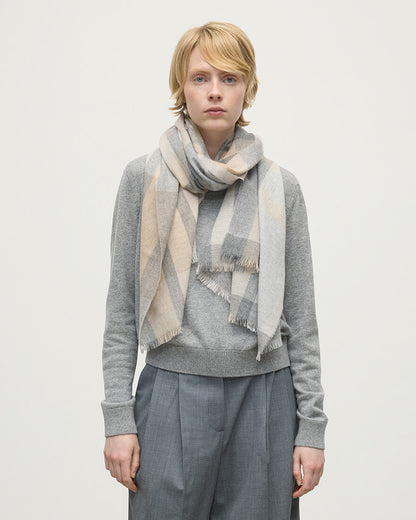 model wears Johnstons of Elgin AW25 Woven Accessories Natural Madras Check Cashmere Stole WA001174RU7660ONE